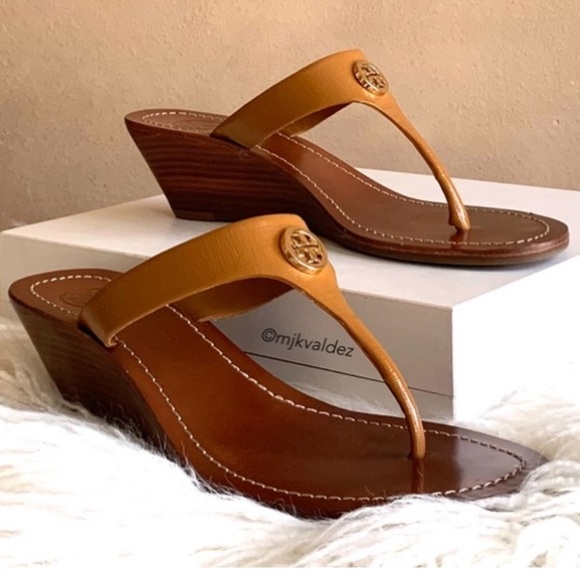 Tory Burch Shoes - Tory Burch Cameron Wedge Thong Sandal Tan Brown Patent Saffiano Leather 10.5